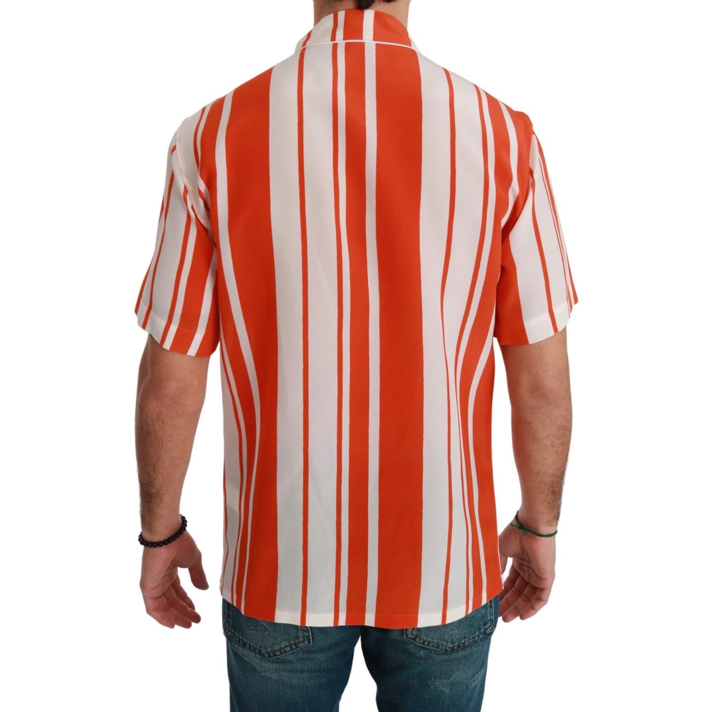 Dolce & Gabbana Orange Silk Striped Short Sleeve White Shirt