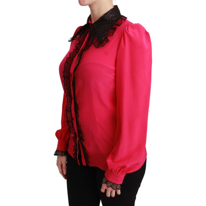 Dolce & Gabbana Pink Silk Black Sequin Lace Shirt Blouse