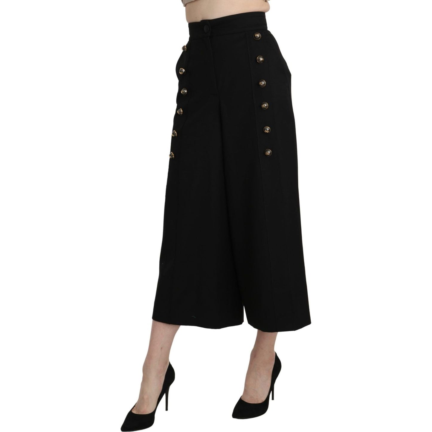 Dolce & Gabbana Black Wide Wool Leg Cropped Trouser Pant Jeans & Pants