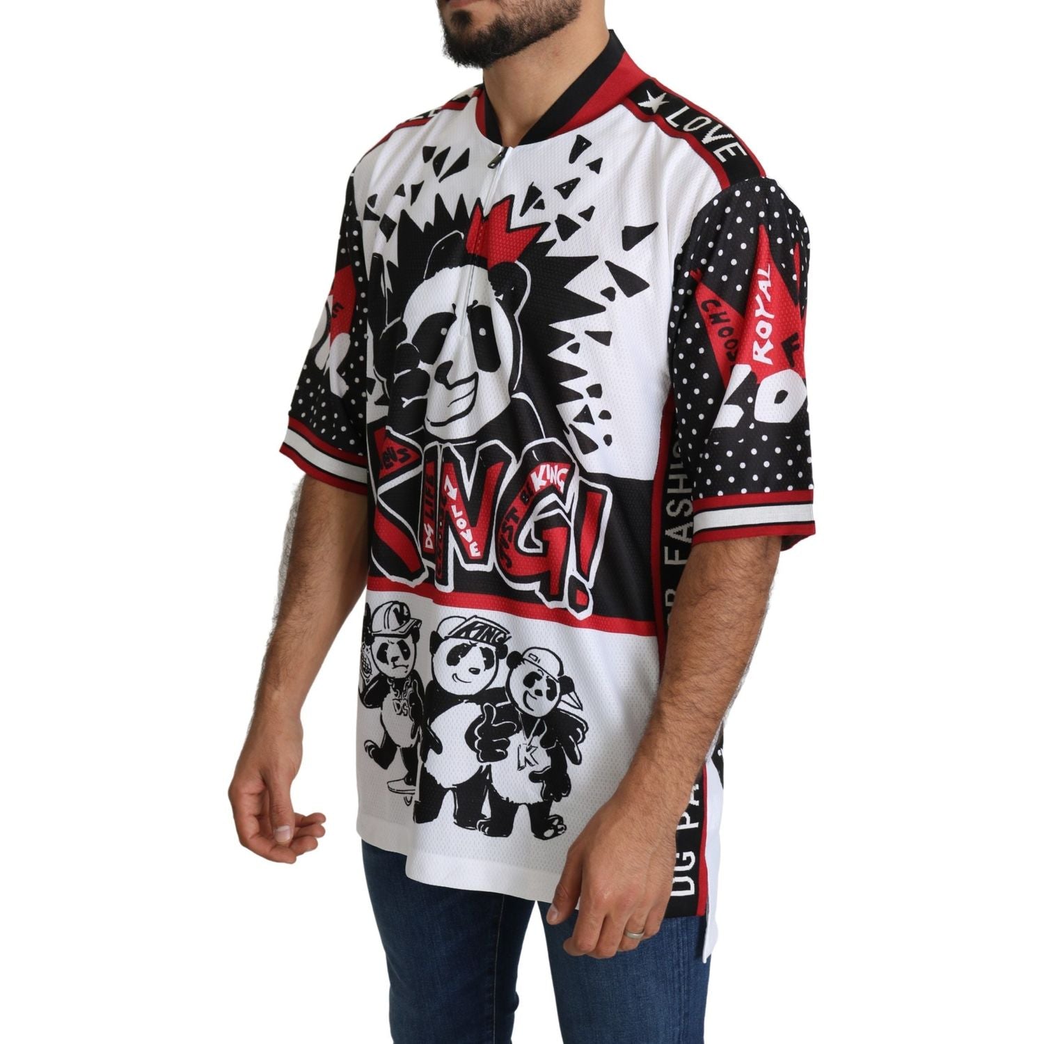 تي شيرت دولتشي آند غابانا شيك باللون الأبيض بطبعة باندا كينج وياقة بسحاب