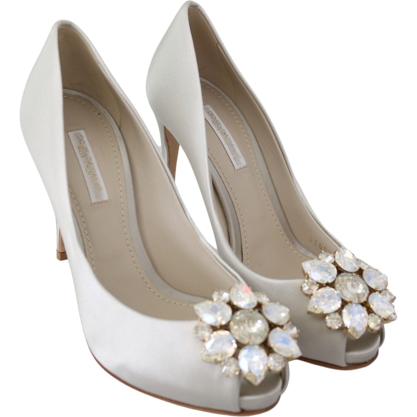 Dolce & Gabbana White Crystals Peep Toe Heels Satin Pumps Shoes