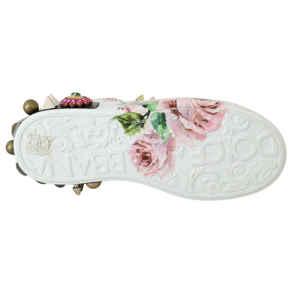 Dolce & Gabbana White Leather Crystal Roses Floral Sneakers Shoes