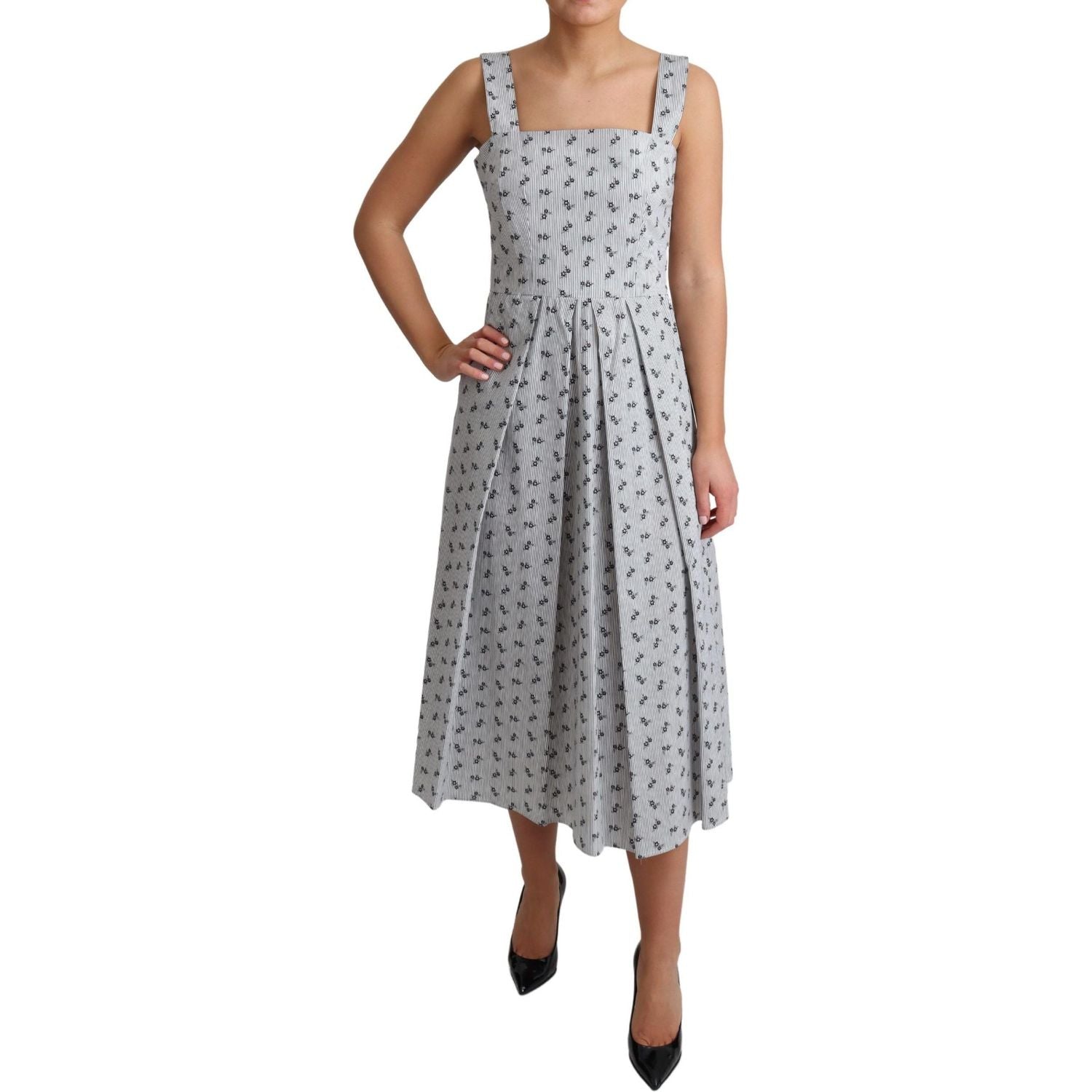 优雅条纹花卉 A 字形连衣裙