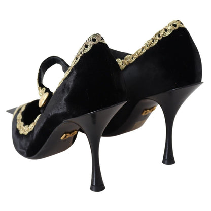 Dolce & Gabbana Black Velvet Gold Mary Janes Pumps