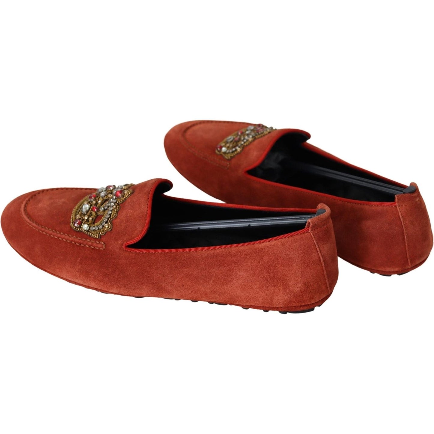 Dolce & Gabbana Orange Leather Crystal Crown Loafers Shoes