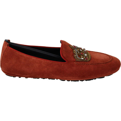 Dolce & Gabbana Orange Leather Crystal Crown Loafers Shoes