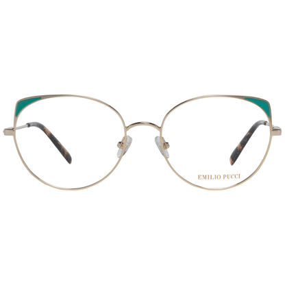 Emilio Pucci Gold Metal Glasses (Frames) for women with full-rim design, metal frame, and branded case. Size 54-17-140.