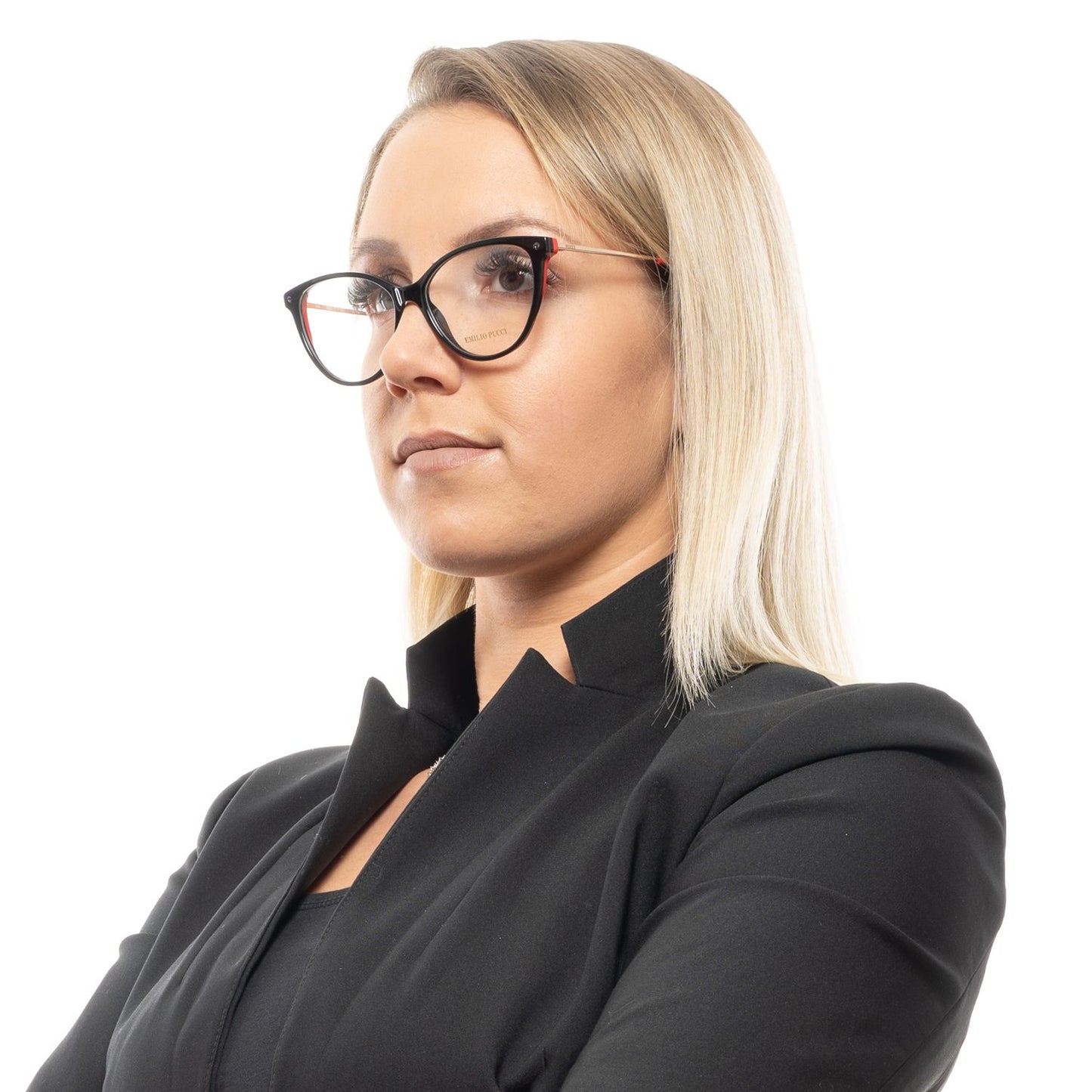 Woman wearing Emilio Pucci Black Plastic Glasses (Frames) with full-rim style, showcasing a modern and elegant look.