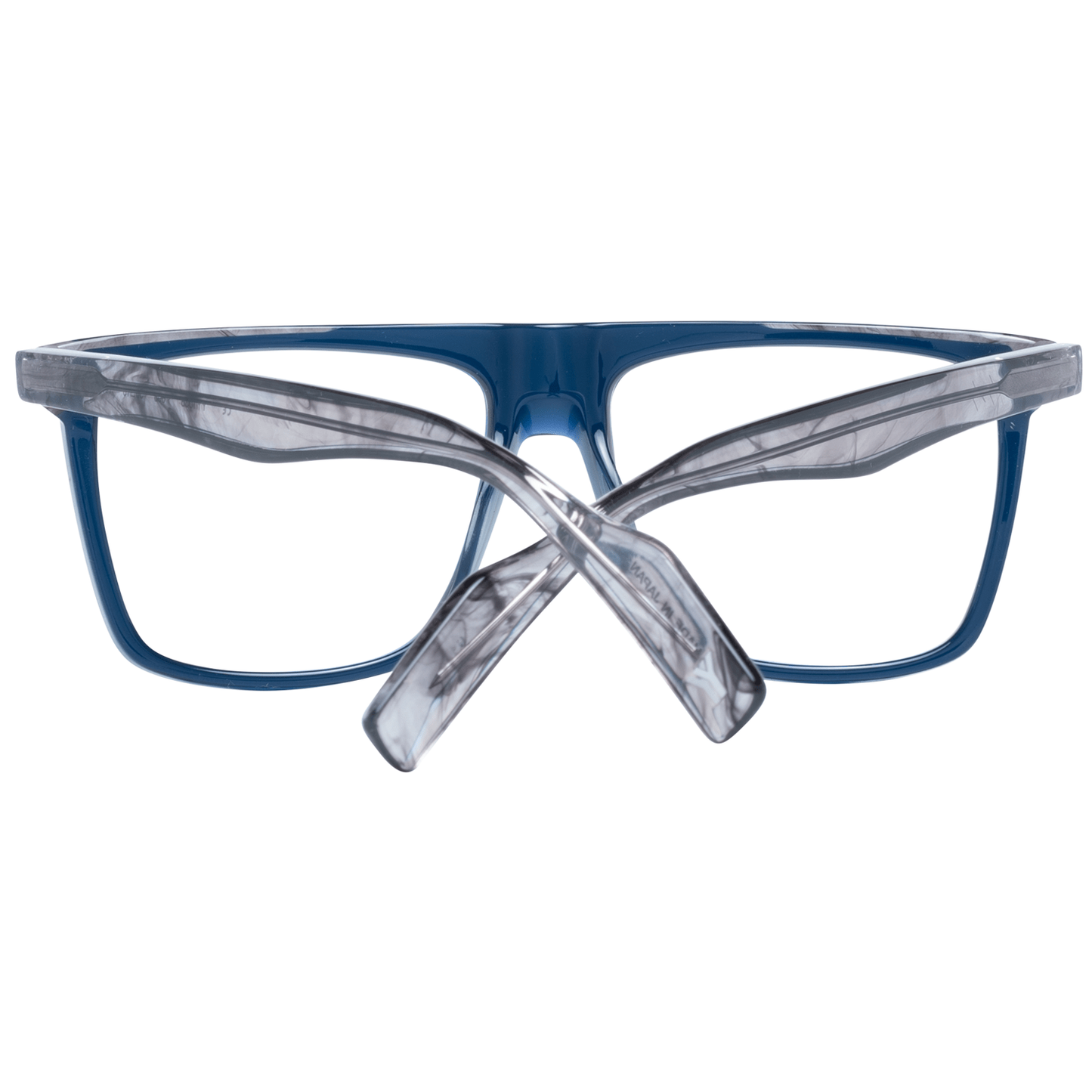 Yohji Yamamoto Blue Plastic Glasses (Frames) full-rim trapezium shape for men with demo lenses and blue plastic material, includes soft case.