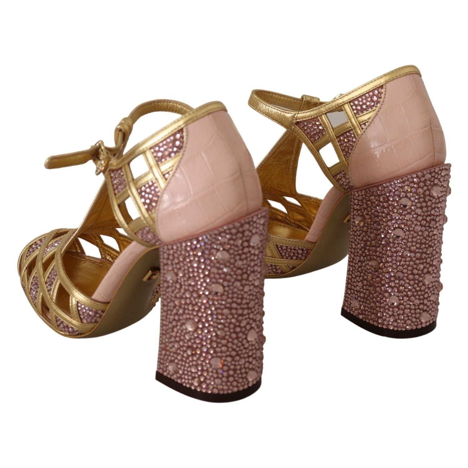 Dolce & Gabbana Pink Gold Leather Crystal Pumps T-strap Shoes