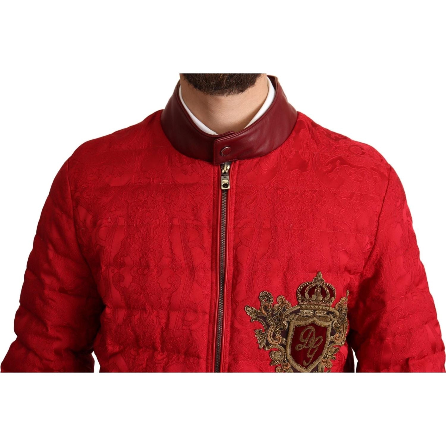 Dolce & Gabbana Red Brocade Bomber Gold Crown Logo Coat Jacket
