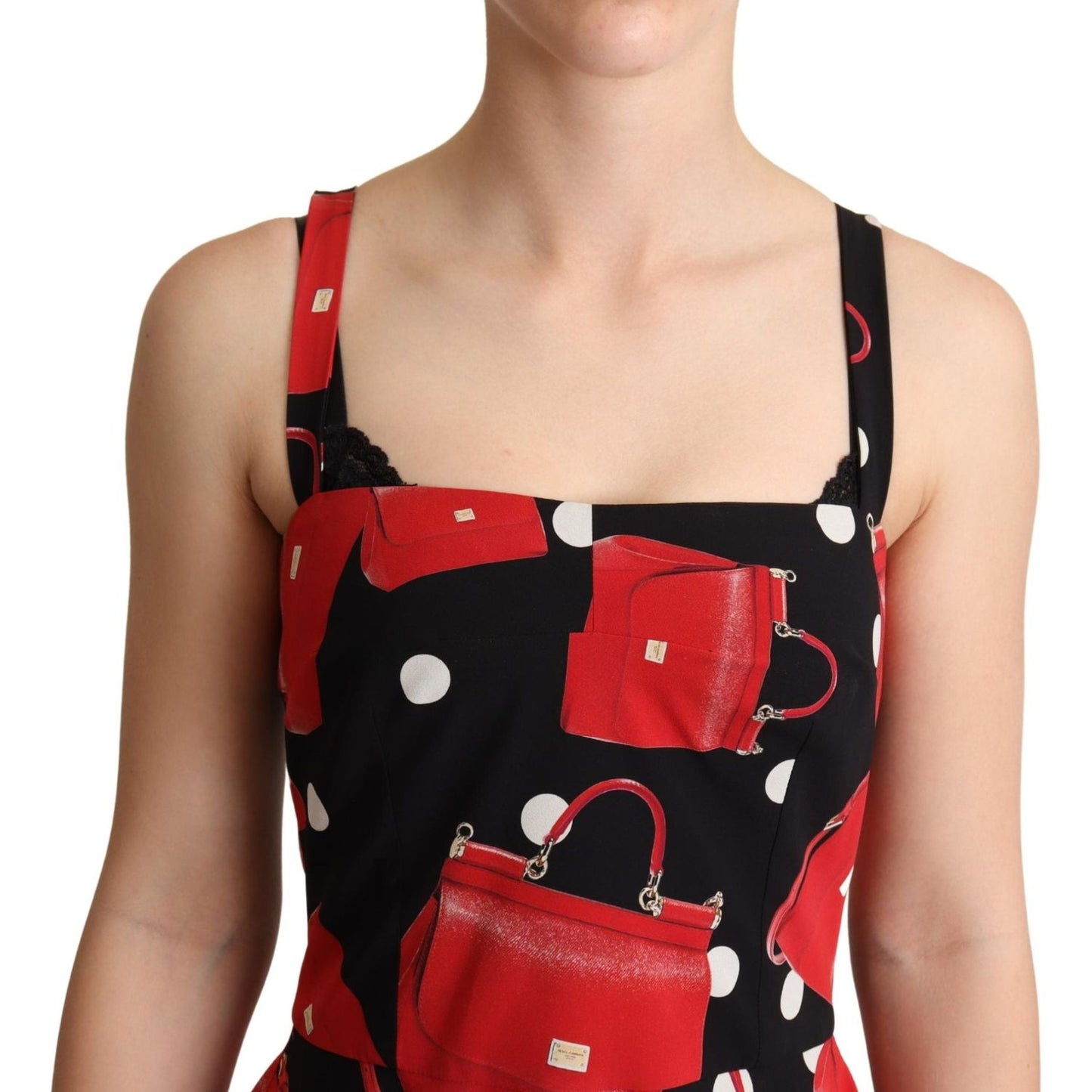 Dolce & Gabbana Black Red Bag Print A-line Mid Length Dress WOMAN DRESSES