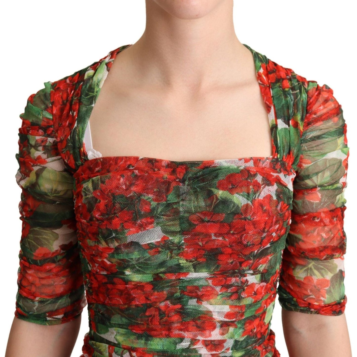 Dolce & Gabbana Red Floral Print Tulle Sheath Midi Dress WOMAN DRESSES