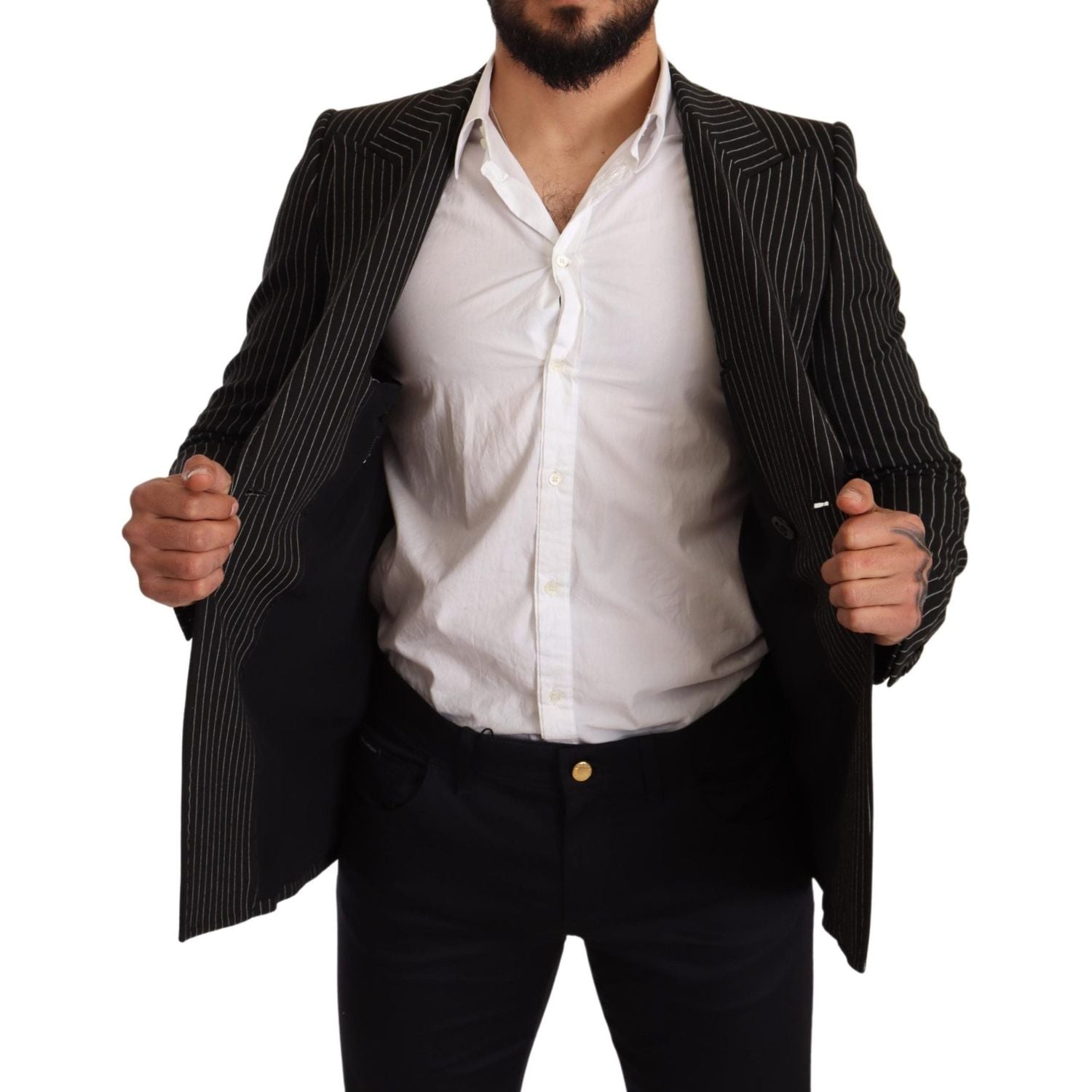 Dolce & Gabbana Black White Striped Slim Fit Coat Blazer