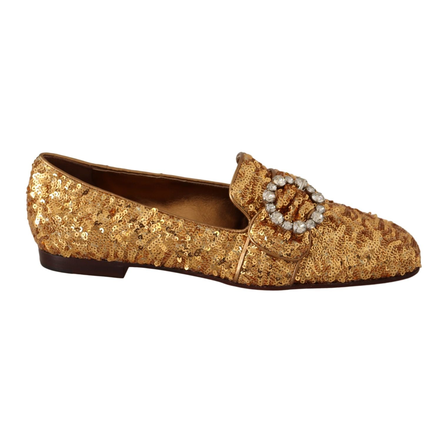 Dolce & Gabbana Gold Sequin Crystal Flat Women Loafers Shoes
