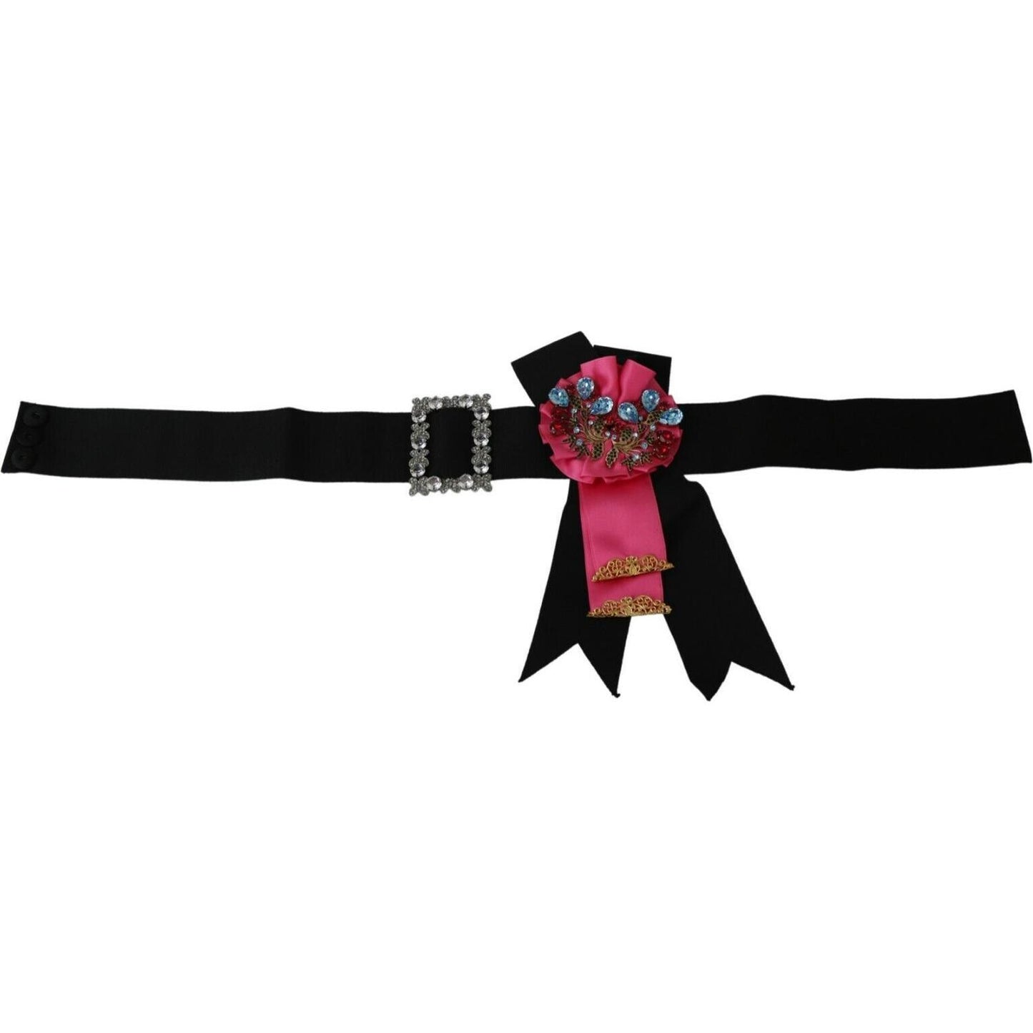 Dolce & Gabbana Black Pink Flower Brooch Crystals Cotton Belt WOMAN BELTS