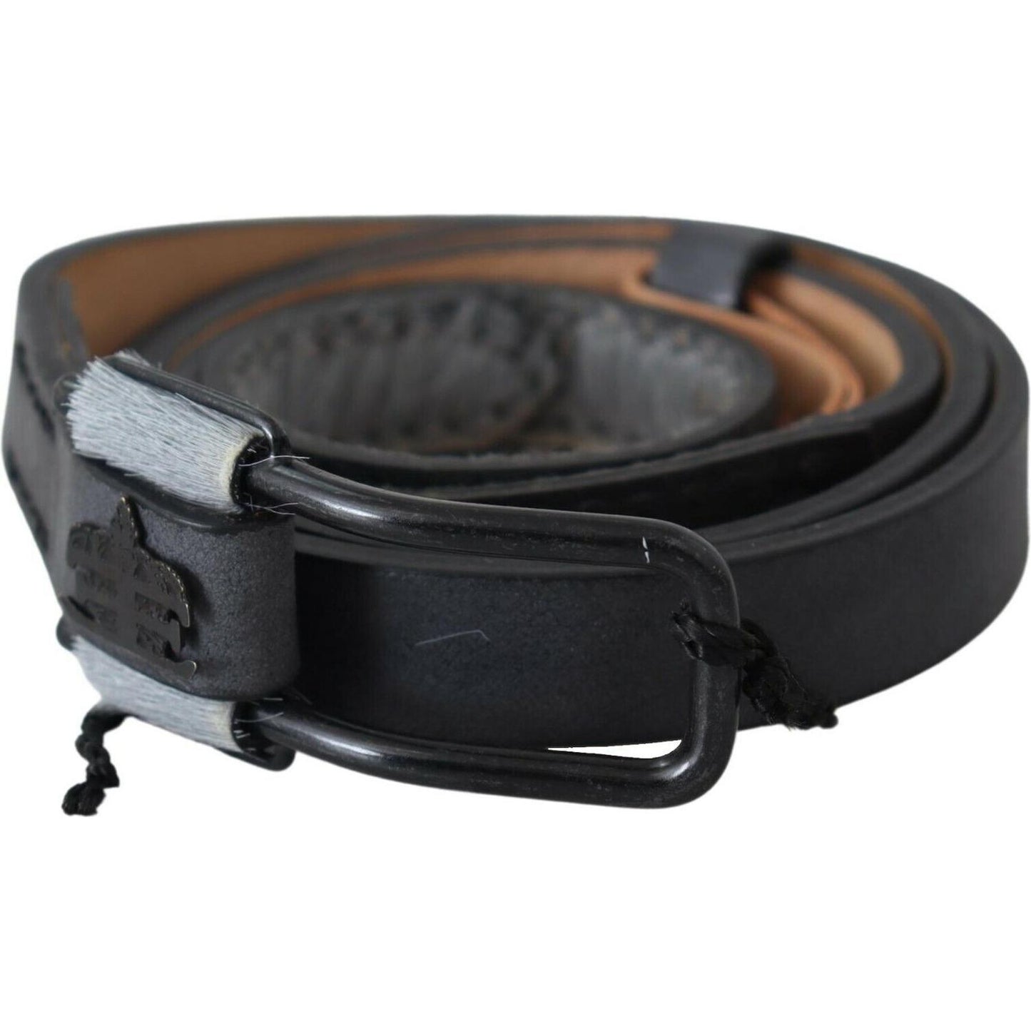 Ermanno Scervino Black Leather Fringes Logo Buckle Belt BEL61005-85