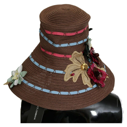 Dolce & Gabbana Brown Knitted Straw Floral Hat WOMAN HATS