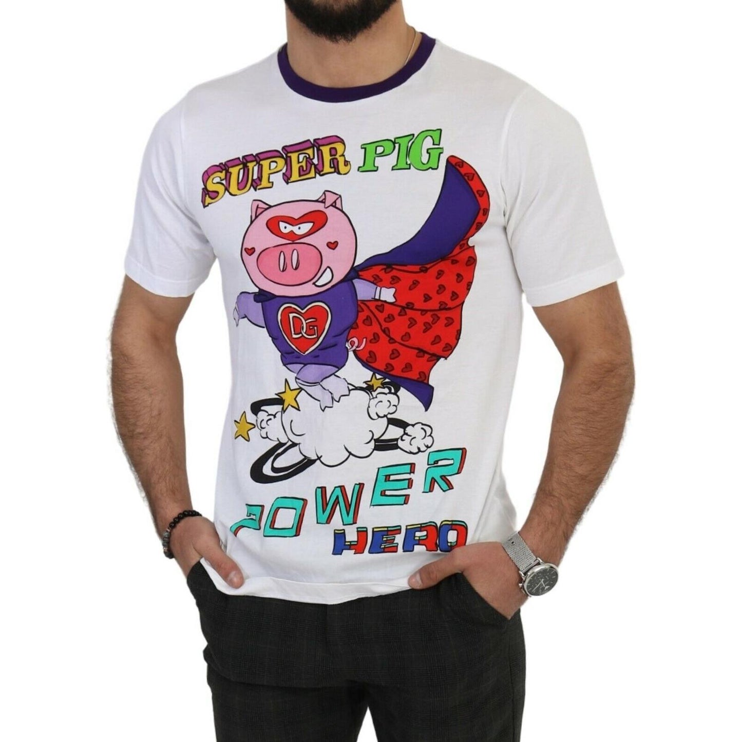 Dolce & Gabbana White Cotton Top Super Power Pig T-shirt MAN T-SHIRTS