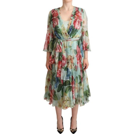 Dolce & Gabbana Green Floral Long Sleeves V-neck Midi Dress WOMAN DRESSES