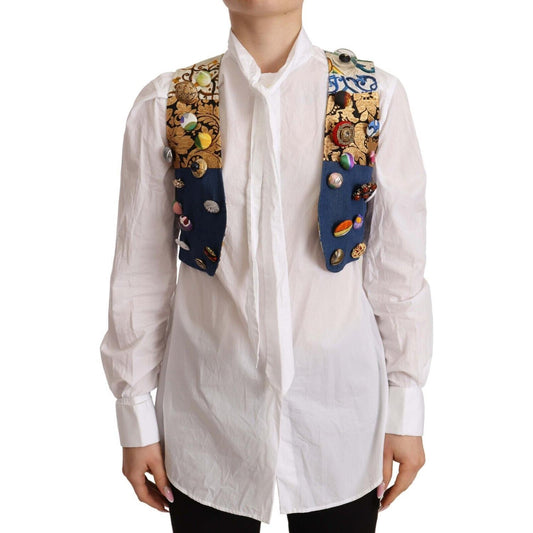 Dolce & Gabbana Multicolor Embellished Waist Coat Cotton Top