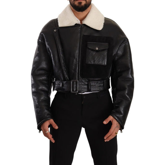 Dolce & Gabbana Black Leather Shearling Biker Coat Jacket JKT3251 - 48