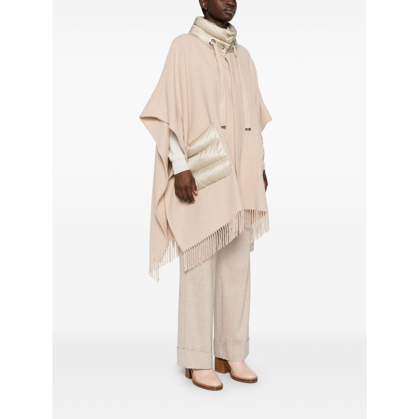 Herno Jackets Powder beige wool-cashmere blend cape with quilted panels and fringed edge, featuring an unlined open front design.