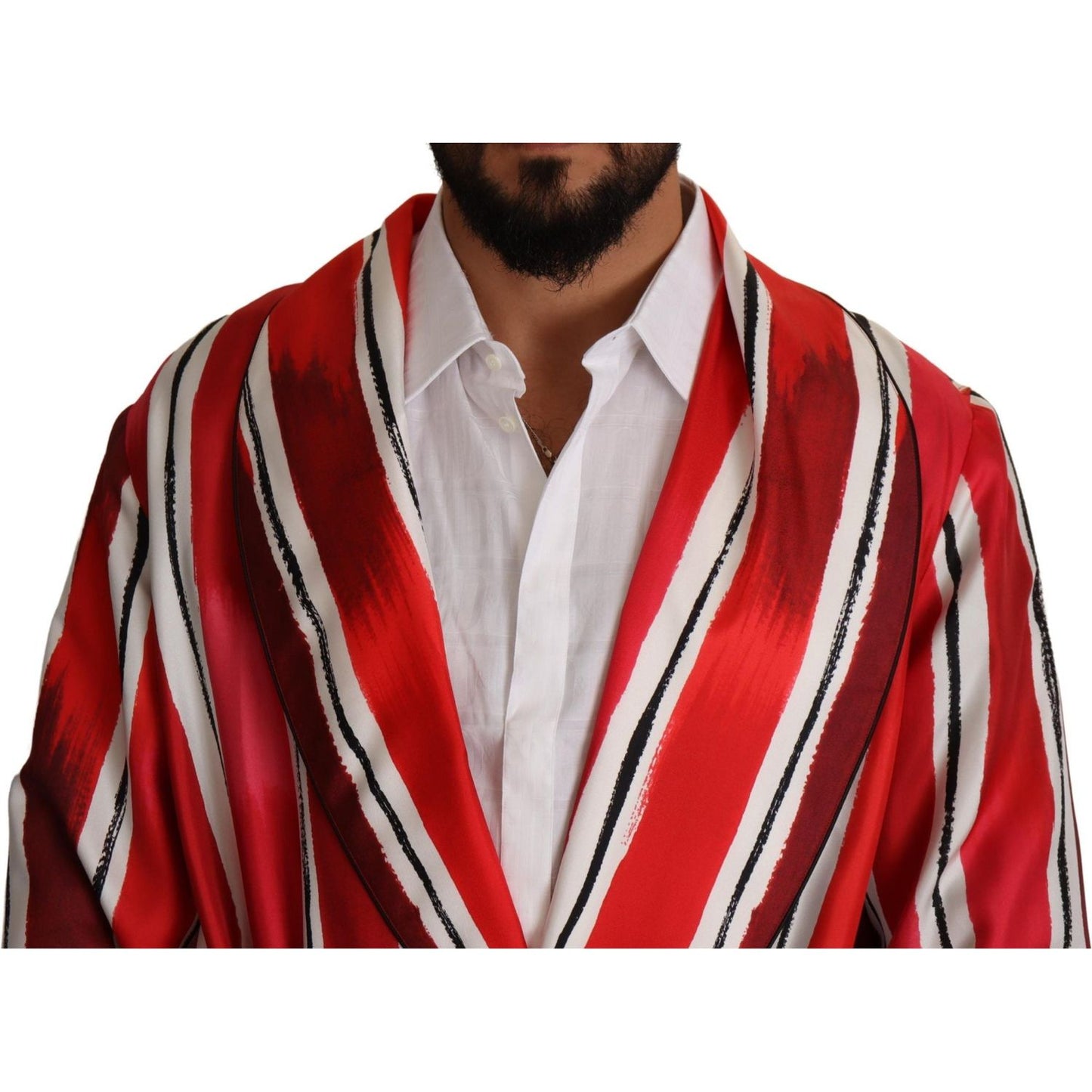 Dolce & Gabbana Red White Striped Silk Mens Night Gown Robe KOS1973- 46