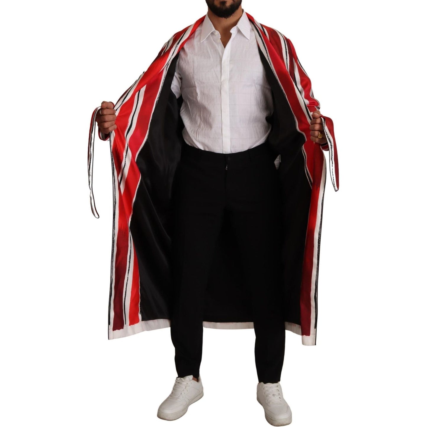 Dolce & Gabbana Red White Striped Silk Mens Night Gown Robe KOS1973- 46