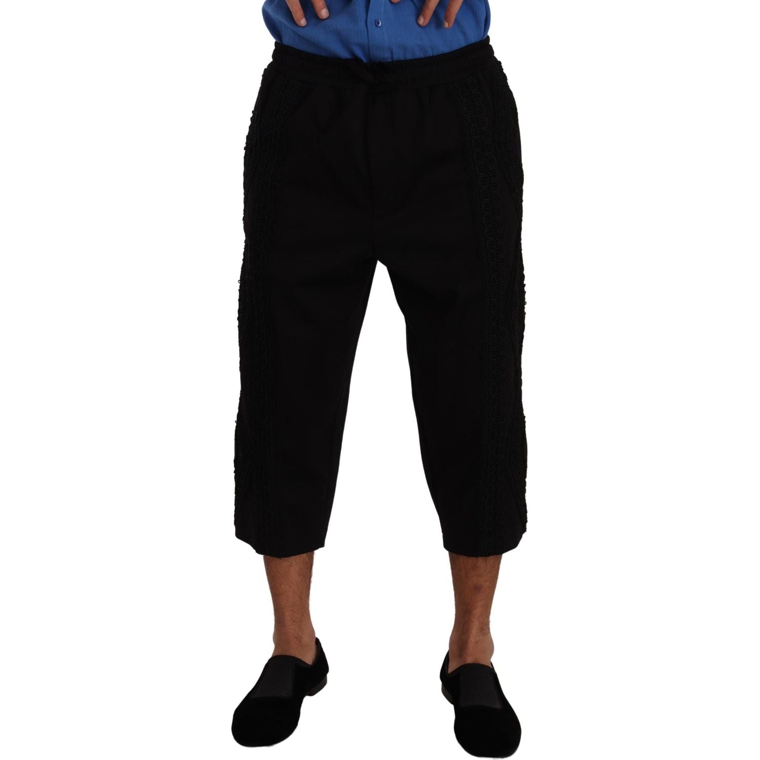 优雅黑色棉混纺七分裤