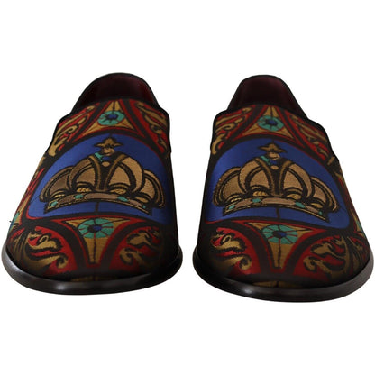 Dolce & Gabbana Multicolor Jacquard Crown Slippers Loafers Shoes