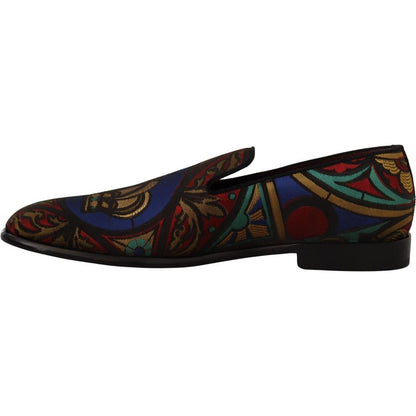 Dolce & Gabbana Multicolor Jacquard Crown Slippers Loafers Shoes