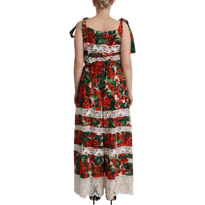 Dolce & Gabbana Multicolor Geranium Print Lace Long Maxi Dress
