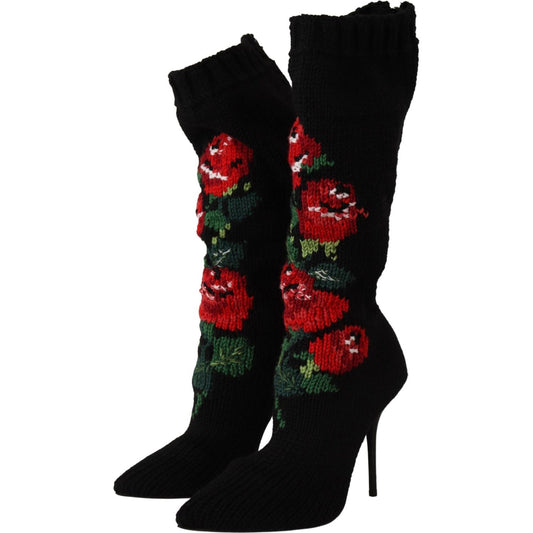 Dolce & Gabbana Elegant Sock Boots with Red Roses Detail Dolce & Gabbana Black