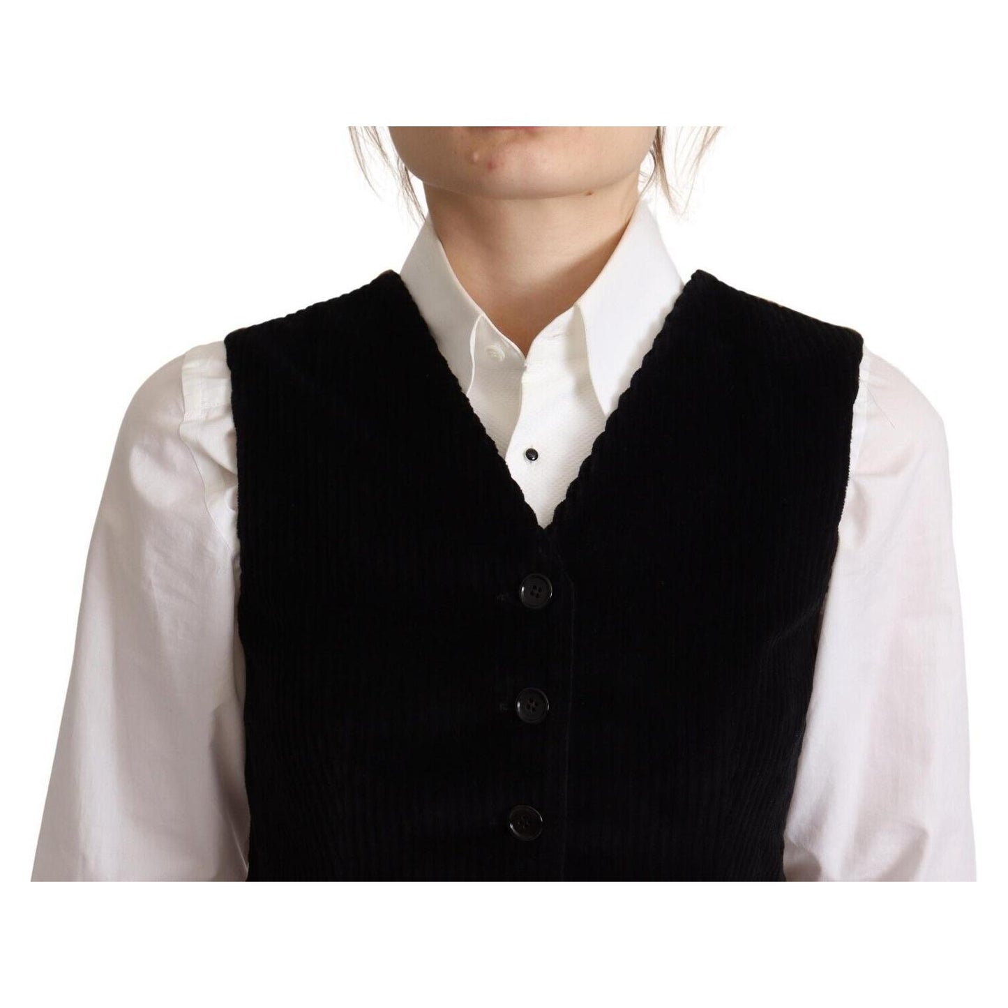 Dolce & Gabbana Black V-neck Leopard Corduroy Button Vest Top