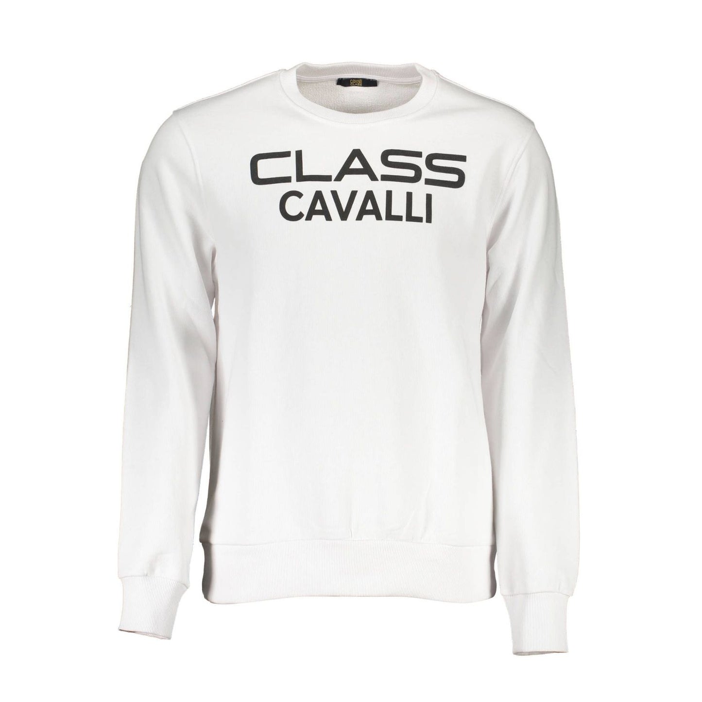 Cavalli Class White Cotton Men Sweater with logo and long sleeves showcasing modern sophistication and casual chic design.