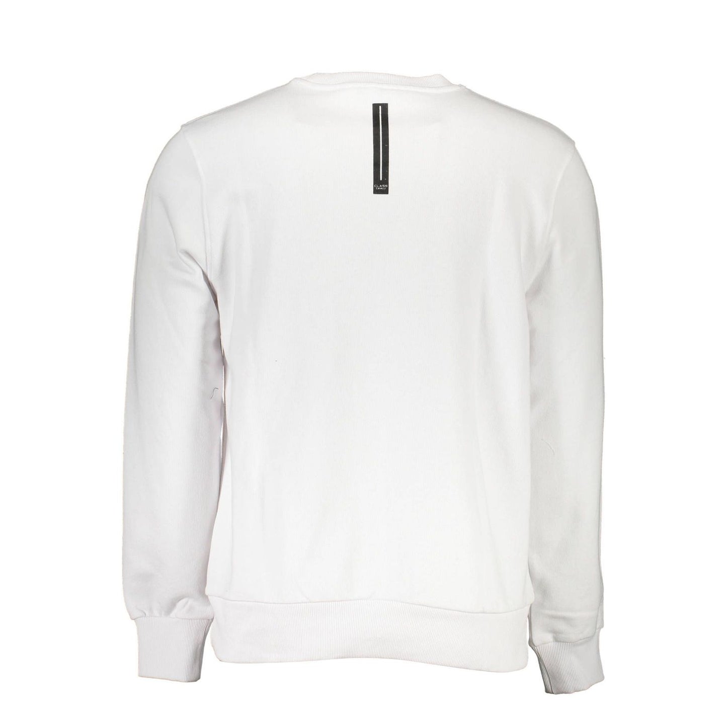 Back view of Cavalli Class White Cotton Men Sweater, showcasing elegant design and logo detail on soft cotton fabric.