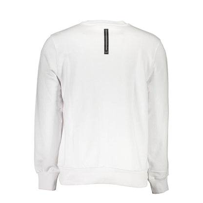 Back view of Cavalli Class White Cotton Men Sweater, showcasing elegant design and logo detail on soft cotton fabric.