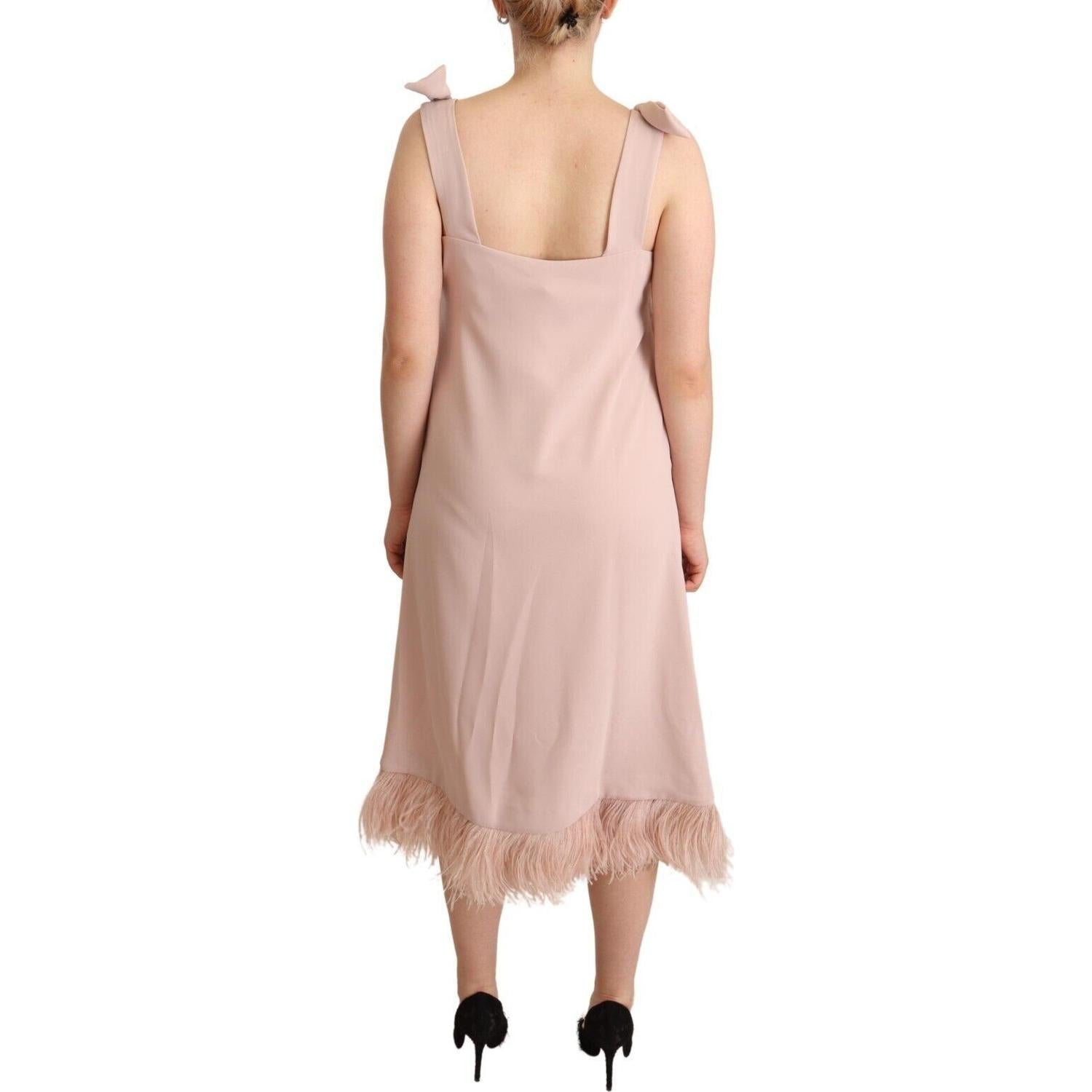 P.A.R.O.S.H. Pink Polyester Sleeveless Midi Feather Shift Dress