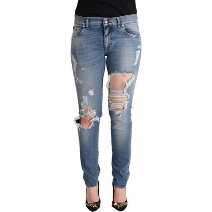 Dolce & Gabbana Blue Distressed Cotton Denim Skinny Jeans