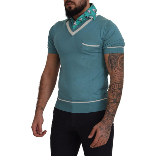 Dolce & Gabbana Blue Silk Polo Top Mens V-neck T-shirt TSH8159- 46