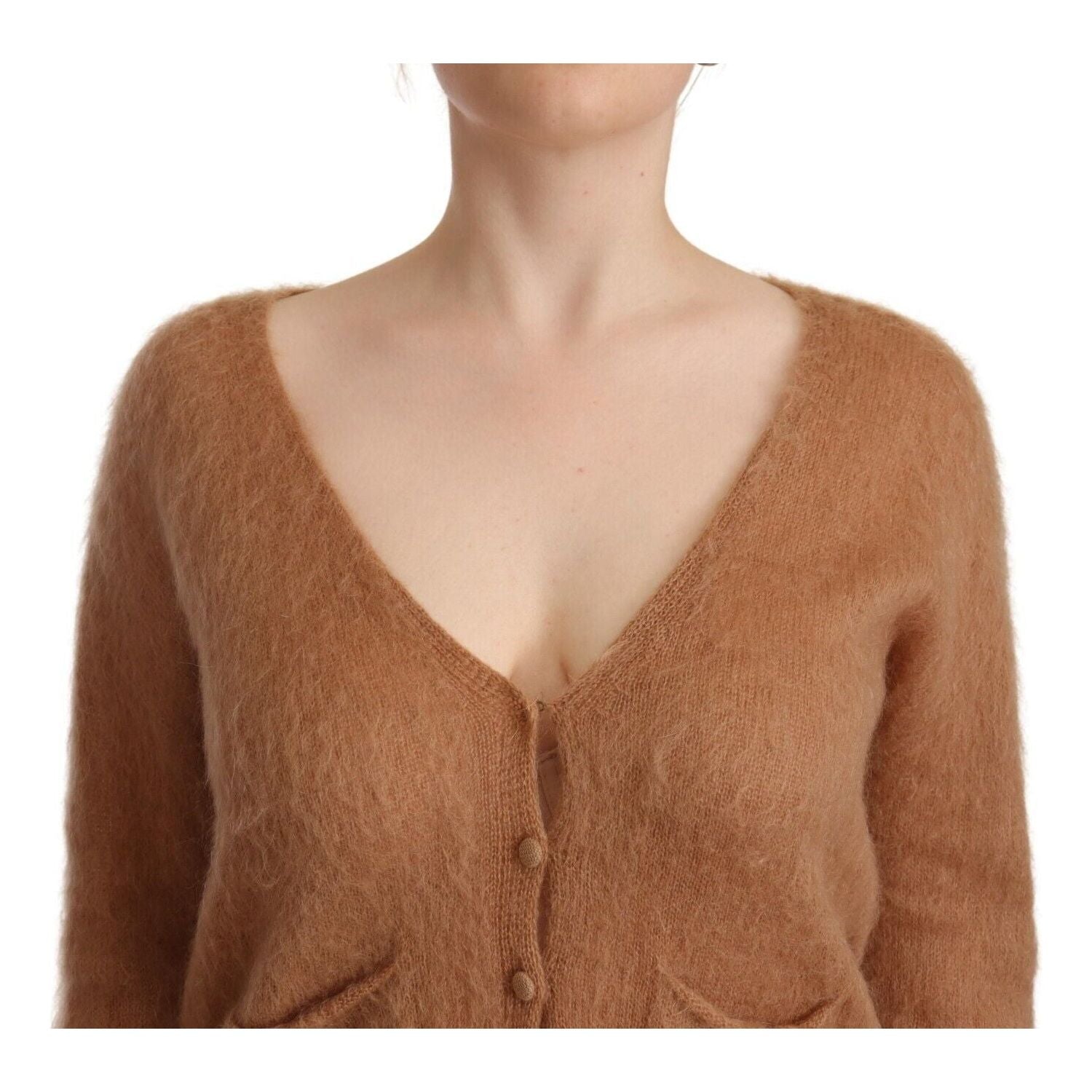 كارديجان محبوك بني أنيق من PINK MEMORIES مع زر إغلاق أمامي