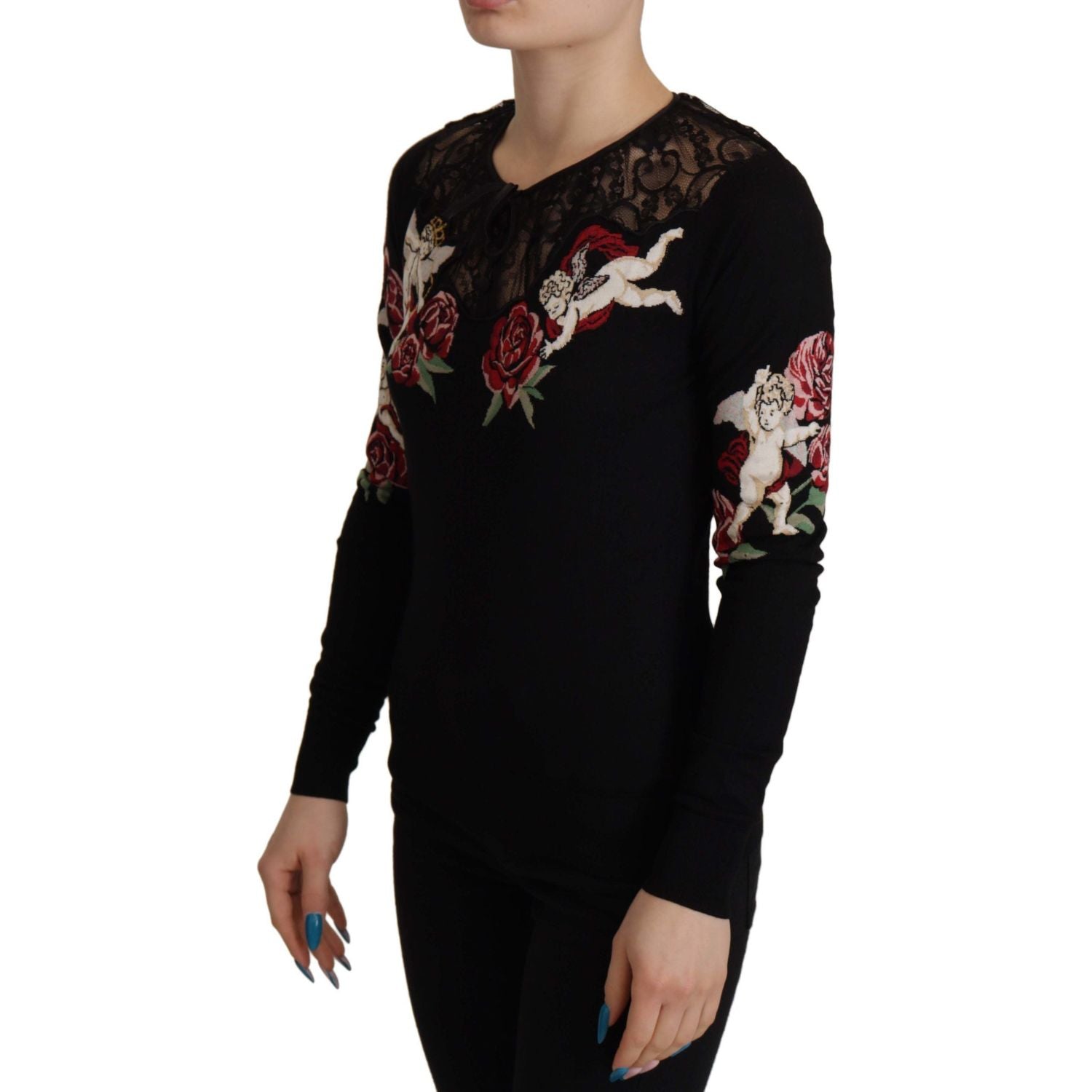 Dolce & Gabbana Black Lace Angel Roses Cardigan Sweater