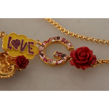 Dolce & Gabbana Gold Rose Love Crystal Charm Chain Necklace Necklace