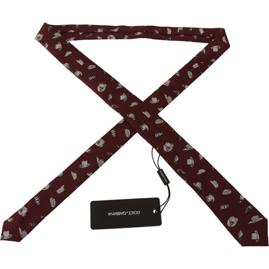 Dolce & Gabbana Maroon Hat Pattern 100% Silk Adjustable Accessory Tie KRA3191
