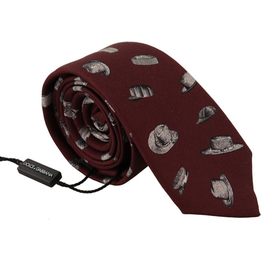 Dolce & Gabbana Maroon Hat Pattern 100% Silk Adjustable Accessory Tie KRA3191