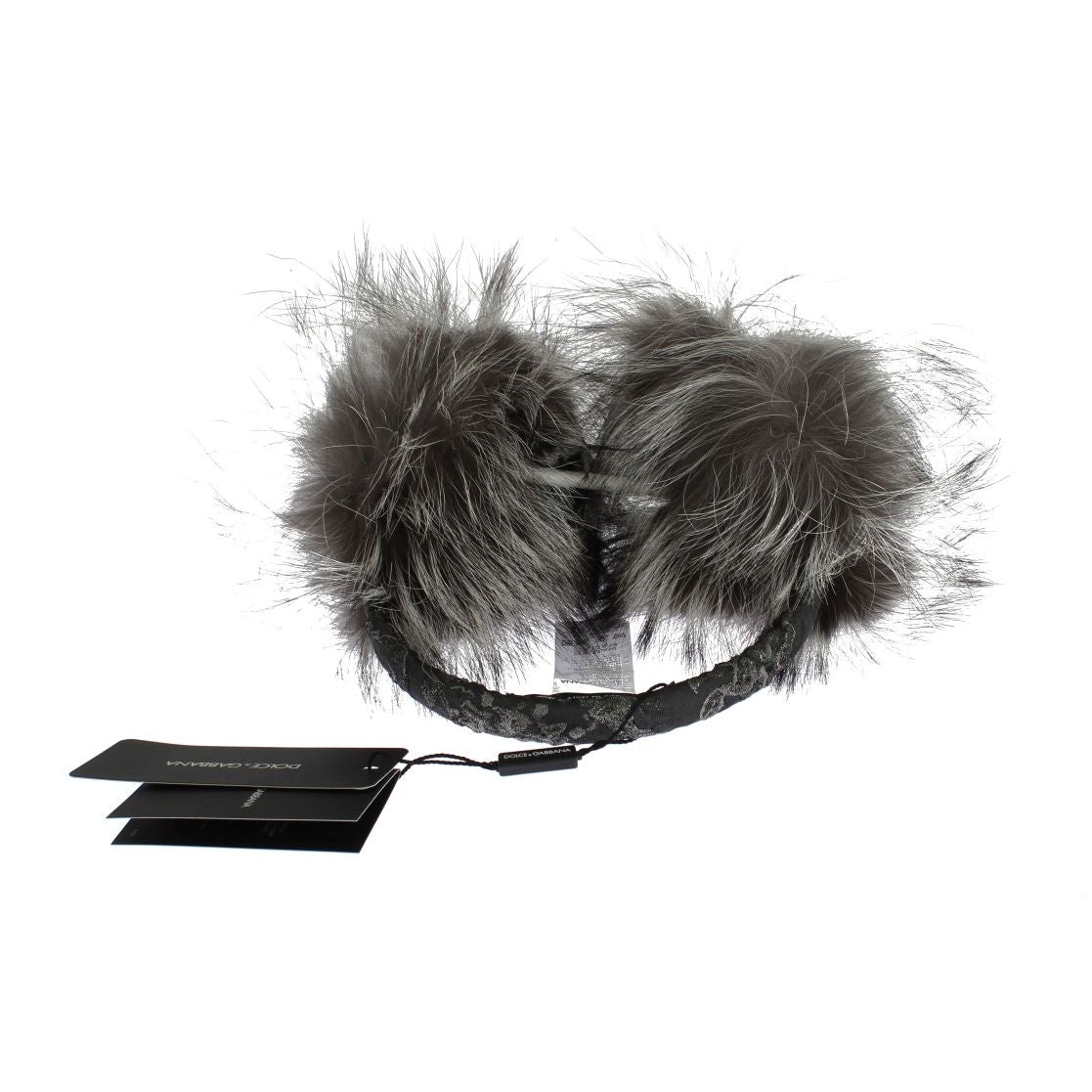 Dolce & Gabbana Gray Fox Fur Crystal Ear Muffs