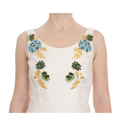 Dolce & Gabbana White Brocade Crystal Sheath Dress