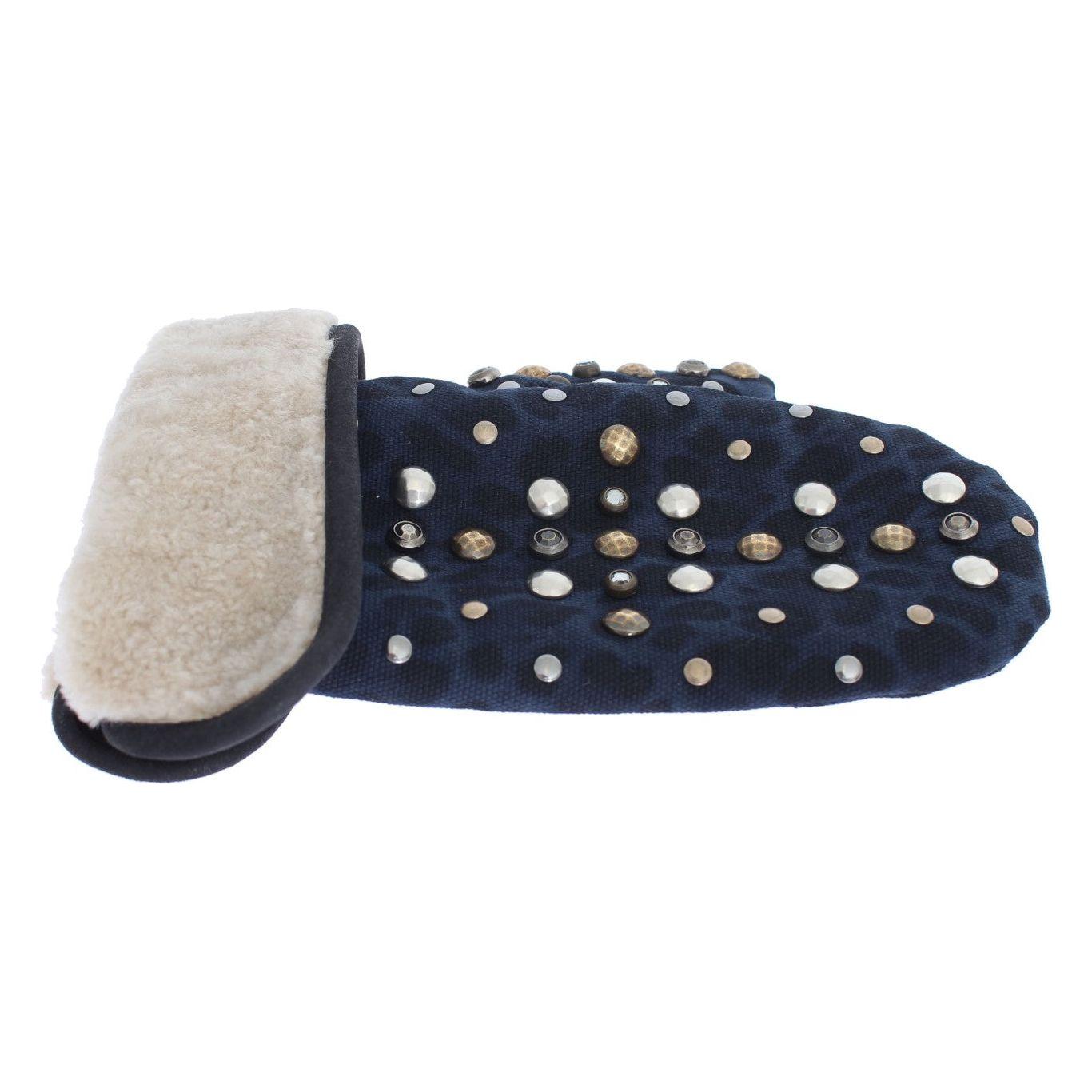 Dolce & Gabbana Gray Wool Shearling Studded Blue Leopard Gloves