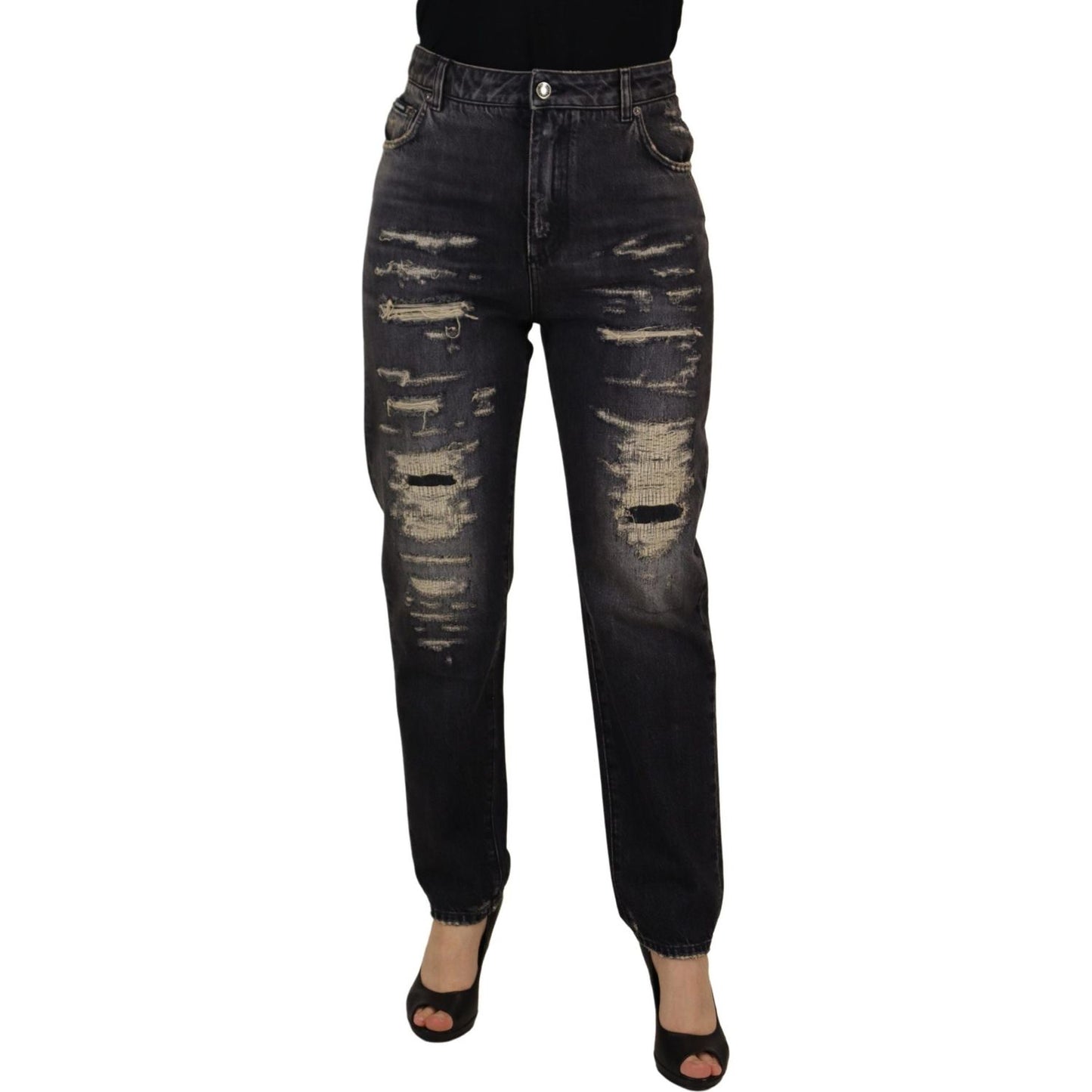 Dolce & Gabbana Black Washed Tattered High Waist Denim Jeans PAN73112 - 400